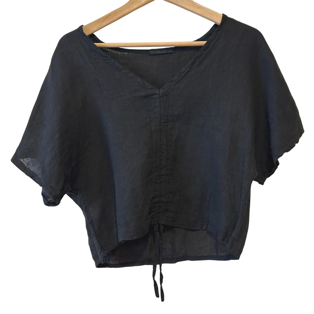Meo Meli Top Sz S Black 100% Linen Made in Italy V-Neck Ruched Drawstring Beach